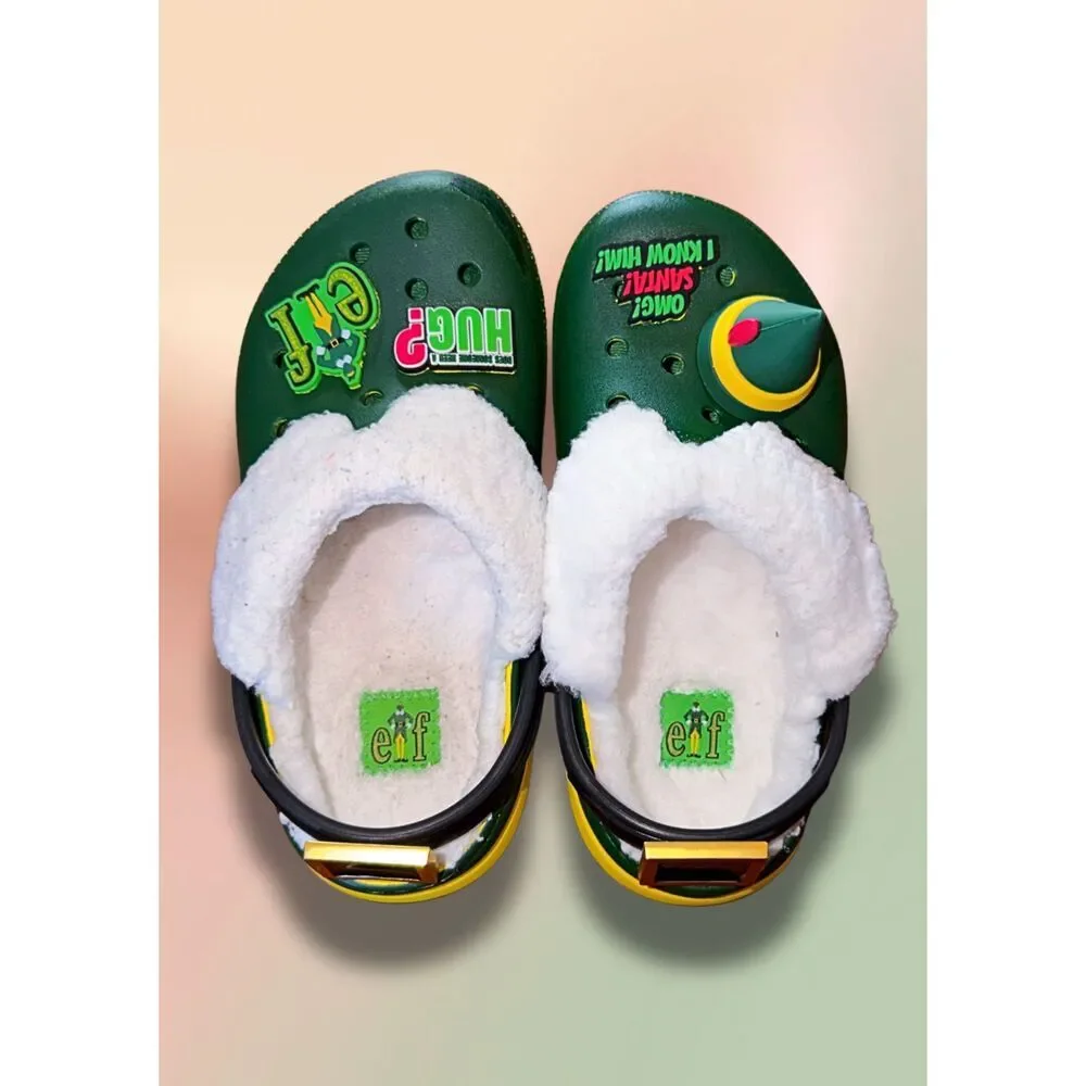 Crocs Classic Lined Elf Holiday Clogs Kids C13 Green Christmas Jibbitz